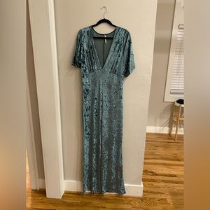 Free People Dusty Emerald Crushed Velour Jumpsuit L